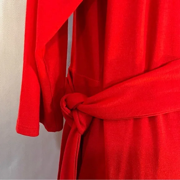 Ann Taylor Red Dress Jersey Drape Neckline Faux Wrap Tie MIDI 3/4 Sleeve EUC XL - Picture 5 of 8
